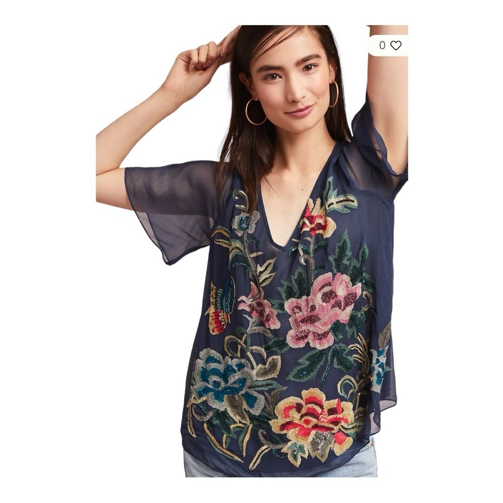 Anthropologie Rana Gill Ikebana V-Neck Blouse Blue Size XS NWOT